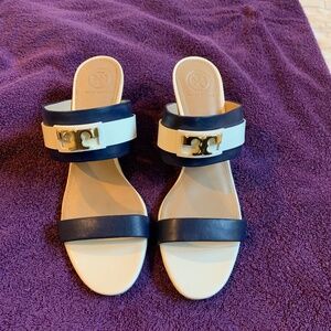 Tory Burch Blue/White Slide Leather Wedge Sandals sz 8.5 M